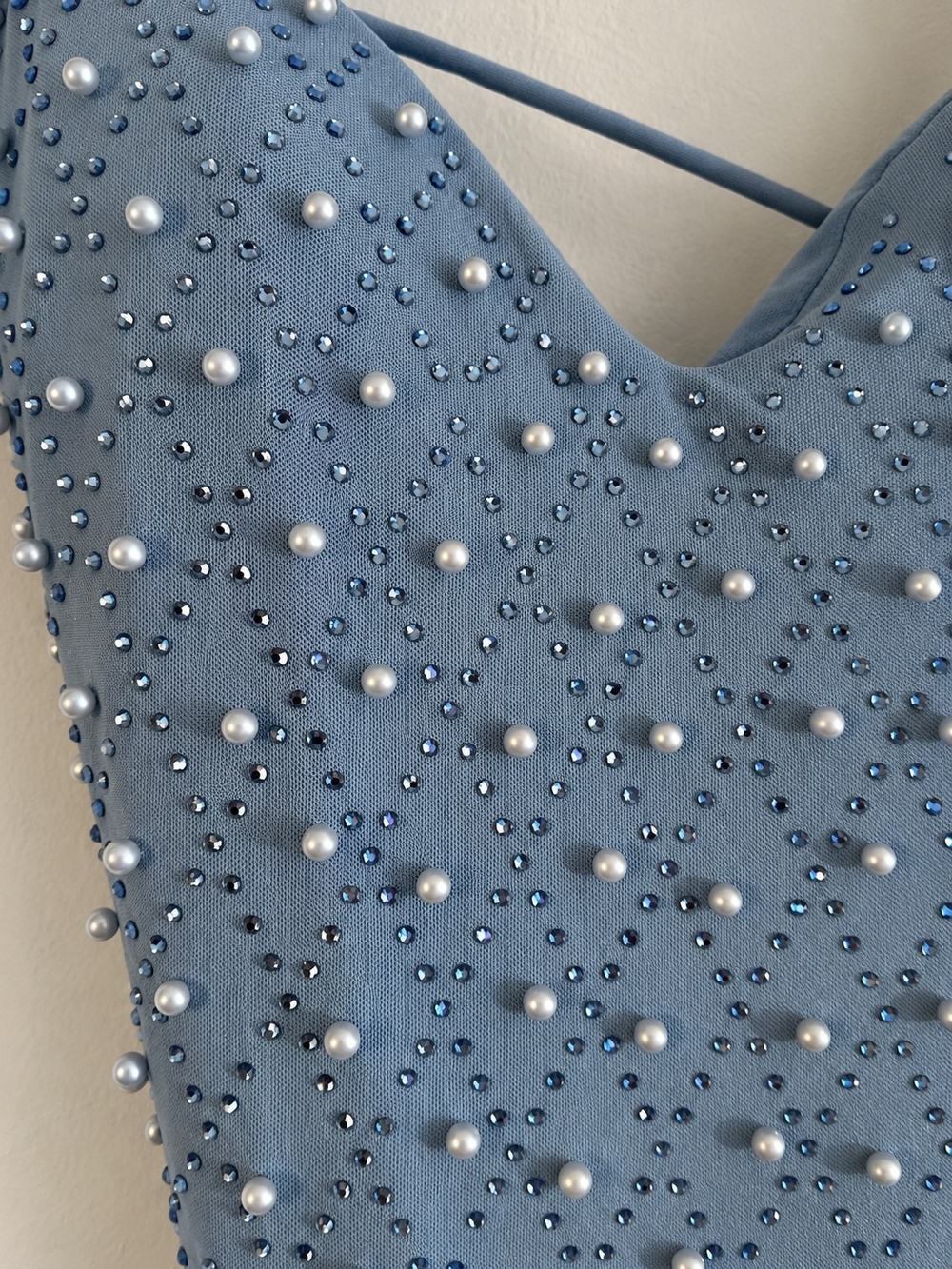 Dusty Blue Pearl Rhinestone Mini Dress Cutout Party Formal Dress Homecoming - Picture 4 of 7